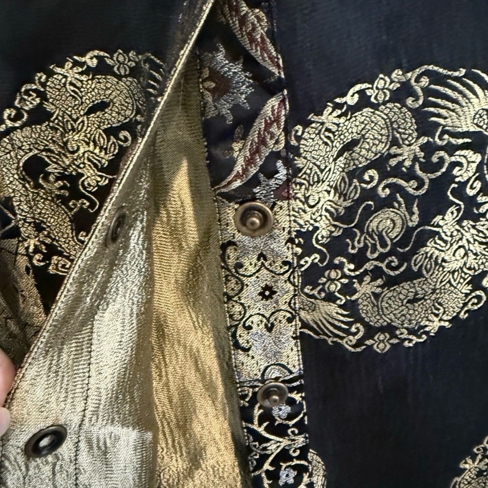 Citron Women’s Embossed Silk Duster Black and Gold Asian Art to Wear L - Picture 5 of 6